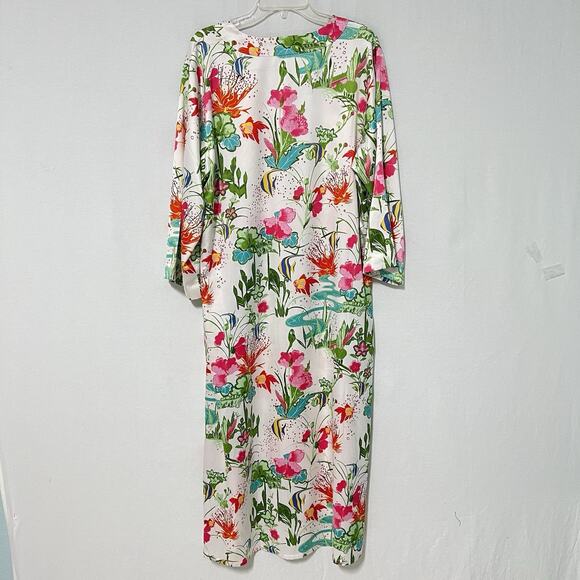 Natori Women's Kaftan Kimono Large Under The Sea Fish Pockets Zip Up Multicolor - Picture 9 of 14